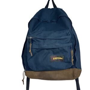 Vintage Eastpak Backpack Cowhide Leather Bottom Padded Straps Blue School Bag